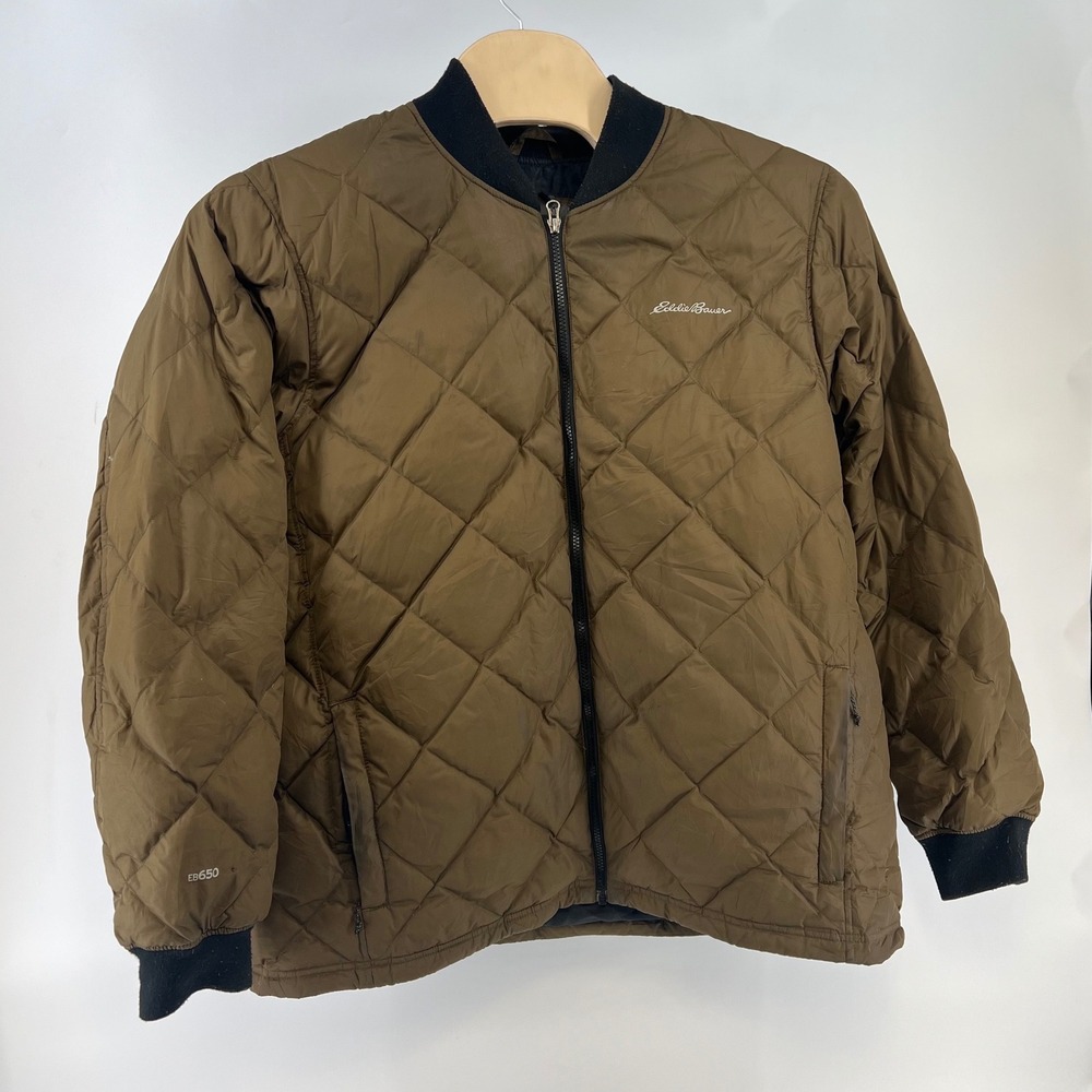 Eddie Bauer EB650 Down Puffer Bomber Jacket Mens‎ 2XL Brown Diamond Quilt Zip - Picture 2 of 10